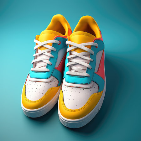 Trendy sports shoes sneakers, stylish and elegant, festive sport banner template background, bright color accents, solid color backgroundの素材