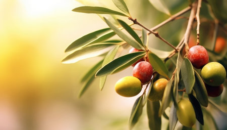 Olive fruit tree garden, branch close-up, sunlight background , Mediterranean olive trees growing, sunny summer day, warm colors, Olive banner template design with empty space for textの素材