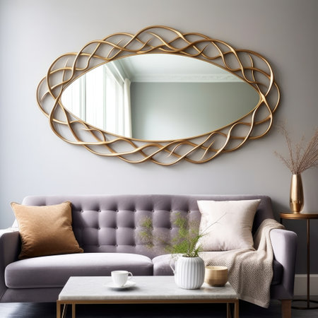 Modern living room, miminal interior design with comfortable sofa and big oval statement mirror on the wall.の素材