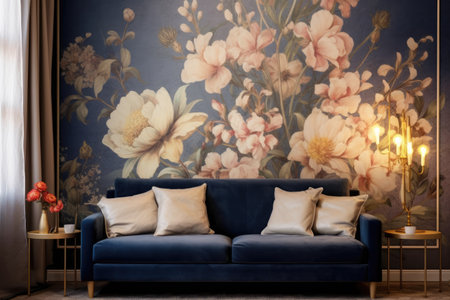 Modern living room interior, beautiful floral mural, flowers on wall, cozy sofa with lots of cushionsの素材