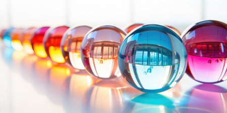 Colorful glass balls spheres, shiny and glossy 3D colorful glass balls collection, multicolored background, sunny summer dayの素材