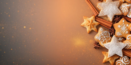 Festive banner with homemade cookies, sugar powder, neutral background, tasty bisquits close-up, Empty blank space for text, copy spaceの素材