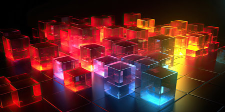 Abstract 3d background, colorful glowing cubes pattern texture. Lots of cubes in different random colors, 3d illustration.の素材