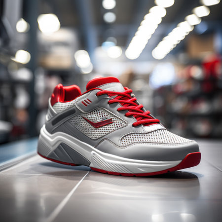 Trendy sports shoes, stylish and elegant, festive sport gym banner template background, bright color accents, blurred defocused backgroundの素材