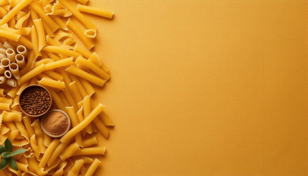 Italian pasta, raw dry, on solid color background. Food banner background, Empty place for text, blank space, copyspace. Italian cuisine banner, Mix of different pasta types,の素材