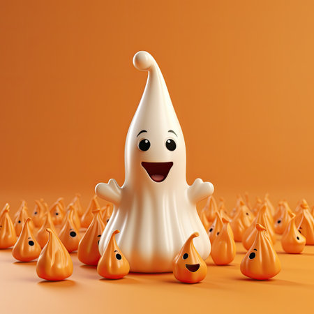 3D cute happy Halloween ghost on orange background, Halloween banner template, cartoon baby ghost in party hatの素材