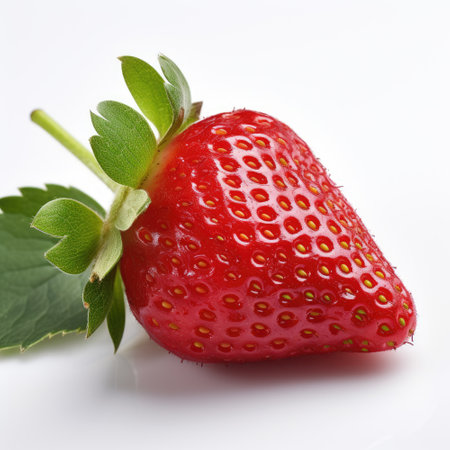 Red berry strawberry isolated on white background, macro photo close-up, single berry with perfect green leavesの素材
