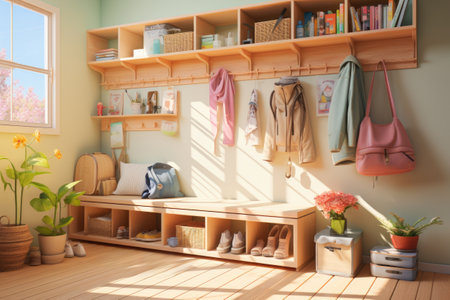 Modern mudroom interior design, entrance hall in house, corridor, home storage space, entering the house, natural neutral colors painted walls with pastel colors accentsの素材