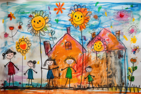 Child drawing, colorful crayons, naive style, color pencils family house illustrationの素材