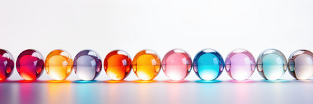 Colorful glass balls spheres, shiny and glossy 3D colorful glass balls collection, multicolored background, sunny summer dayの素材