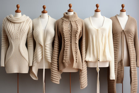 Row of different stylish fashion knitted jackets coat winter clothes for women , warm neutral tones coloredの素材