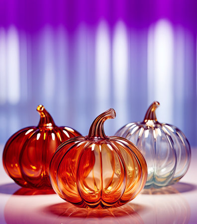 Set of glass pumpkins staying on table, Halloween home decor elements, hand made of transparent colored glass blown, fall autumn decoration, festive Halloween backgroundの素材