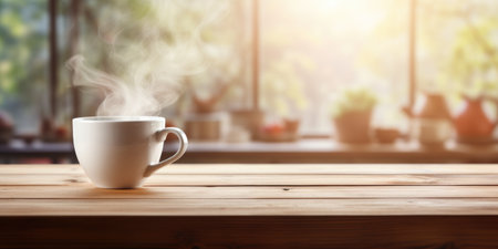 Cozy autumn winter banner template, steaming coffee tea cup, blurred background, interior illustrationの素材