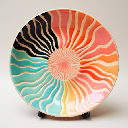 Decorative ceramic painted plate, handmade from clay, isolated, closeup, top view. Decorative patterned porcelain plate painted with acrylic paints, handworkの素材