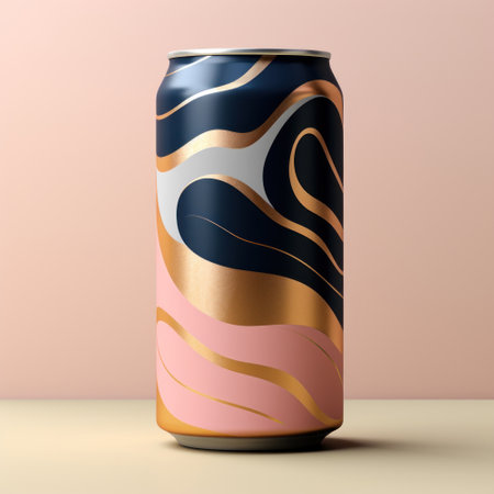 Aluminum tin can with empty blank label, package design template, for energy drink, beer, soda, soft drink mockup. Navy blue, blush pink and gold colorsの素材