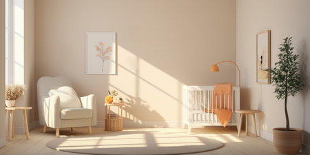 Interior of modern nursery baby room with crib, neutral warm colors, sunny day at spacious homeの素材