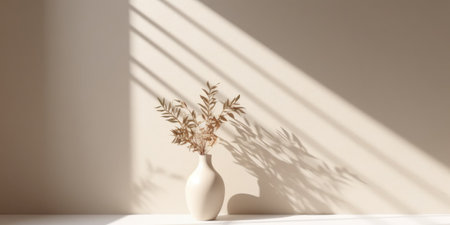 Modern summer minimal interior in sunlight with long shadows on beige wall background, empty Mediterranean scene,の素材