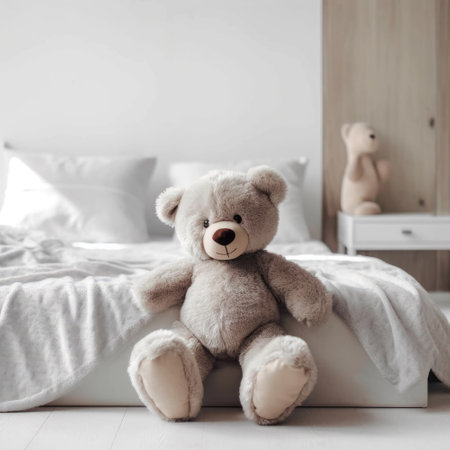 Cute stuffed toy teddy bear sitting on bed in modern light bedroom. Empty room, minimal interior design.の素材