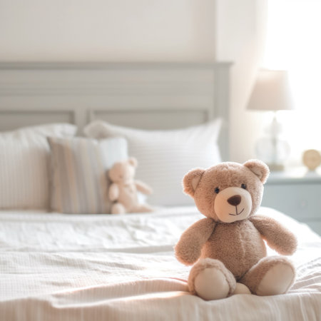 Cute stuffed toy teddy bear sitting on bed in modern light bedroom. Empty room, minimal interior design.の素材