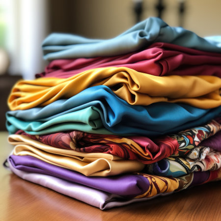 Pile of folded multicolored cotton fabrics textiles in a factory shop, different colors, fabric stack, handmade goods storeの素材