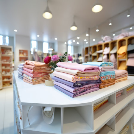 Pile of folded multicolored cotton fabrics textiles in a factory shop, different colors, fabric stack, handmade goods storeの素材