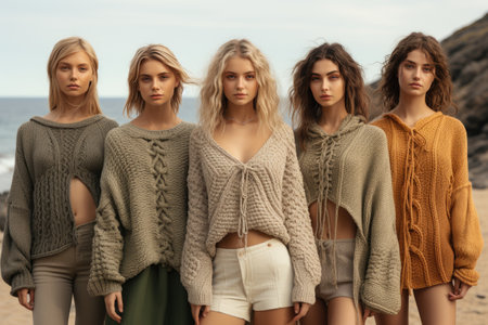 Row of different stylish fashion knitted jackets coat winter clothes for women , warm neutral tones colored, female models fashion show catwalk, autumn-winter AWの素材