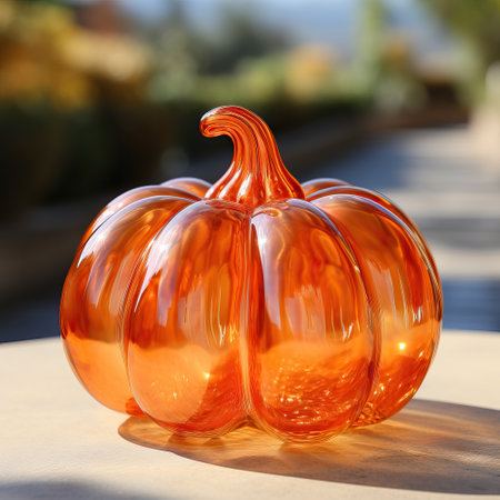 Glass blown pumpkin staying on table, Halloween home decor elements, hand made of transparent colored glass blown, fall autumn decoration, festive Halloween banner backgroundの素材