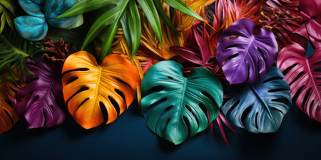 Tropical leaves pattern foliage, monstera leaves frame layout, background for summer banner. Lots of empty space, copyspace for textの素材