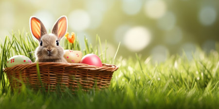Cute Easter bunny in green grass with painted eggs, sunny spring day, Easter egg hunt, Happy Easter header banner background, empty copy space for greeting textの素材