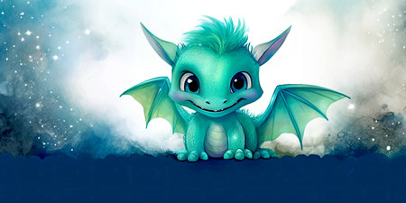 Winter season greeting banner, snowy landscape, empty banner background, green baby dragon, perfect for Christmas greeting card or Happy New year designの素材