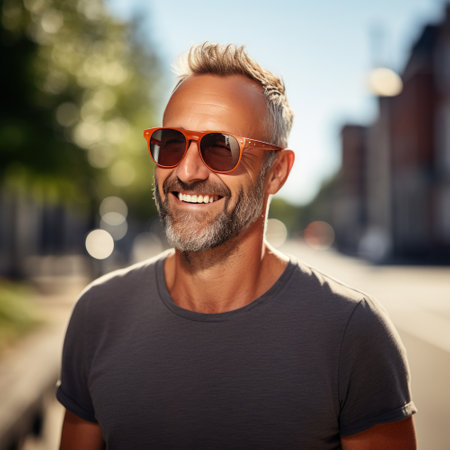 Smiling caucasian middle aged mature man posing, joyful smile, wearing casual clothes, looking at camera, neutral color tones, outdoor backgroundの素材