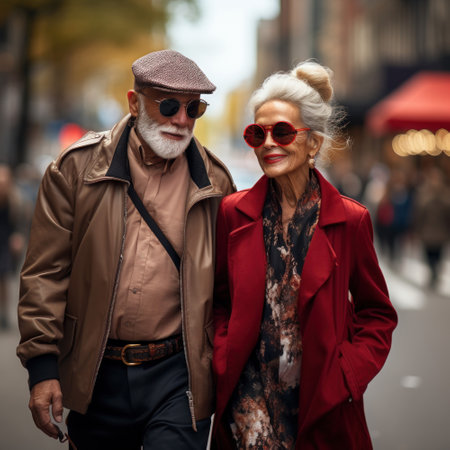 Two stylish elderly aged people in casual clothes, senior man and woman hugging, couple on big city street, streetstyle fashion photo in urban location along modern avenue.の素材