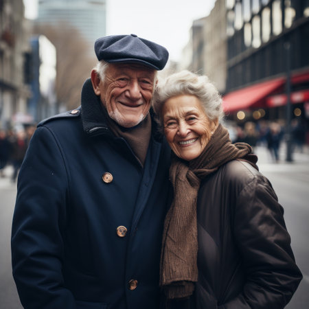 Two stylish elderly aged people in casual clothes, senior man and woman hugging, couple on big city street, streetstyle fashion photo in urban location along modern avenue.の素材