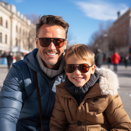 Father and son having a good time together, caucasian man and teenager boy walking the street, smiling, wearing casual clothes, happy family weekend,の素材