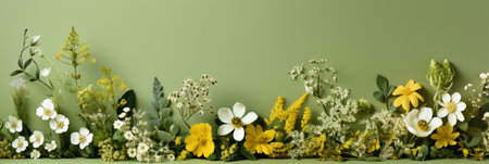 Floral border, assorted garden flowers background, romantic pink backdrop, flat lay, top view.の素材