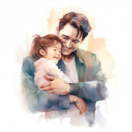 Dad and his child hugging, watercolor illustration, Father and kid poster, card, Father's day design, happy family imageの素材