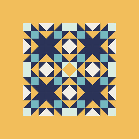 Geometric pattern art print with blue and mustard yellow accents, repeating patterns, vector art style, simple shapes, flat color blocks, retro designのイラスト素材