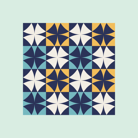 Geometric pattern art print with blue and mustard yellow accents, repeating patterns, vector art...