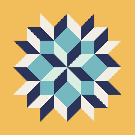 Geometric pattern art print with blue and mustard yellow accents, repeating patterns, vector art...