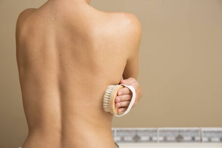 Bare back of young woman holding dry brush to her sideの写真素材
