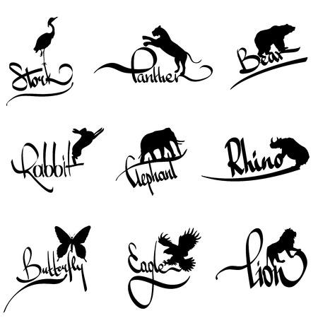 vector set of animals silhouette  with letteringのイラスト素材