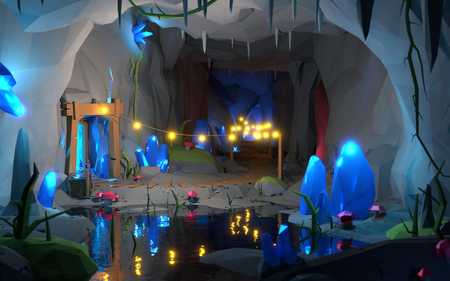 Low Poly Crystal Mine Adventure landscape. 3D Illustration.の写真素材