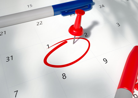 Concept image of a Red Pin on calendar with empty cirlced space to remind for important appointment. 3D Render Illustration Calendar. Pinned day, closeup.の写真素材