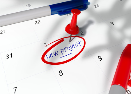 Concept image of a Red Pin on calendar with words NEW PROJECT to remind for important appointment. 3D Render Illustration. Pinned day, closeup.の写真素材