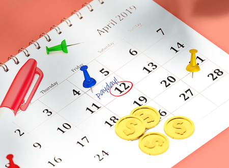 Concept image of calendar with blue pin and gold coins. 3D Render Illustration isometric calendar of 12 april payday or payroll. Pinned day, closeup.の写真素材