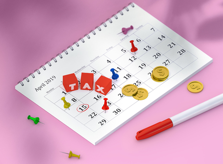 Concept image of calendar with pins and gold coins and cubes with word TAX. 3D Render Illustration isometric calendar of 15 april payday or payroll or tax. Pinned day, closeup.の写真素材