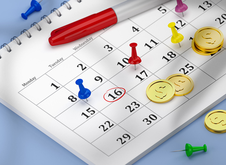 Calendar with blue pin and gold coins. 3D Render Illustration isometric calendar of 16th circled payday or payroll or tax day for income tax forms in the USA. Pinned, closeup.の写真素材