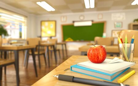 Cartoon style school elements - book, pen, pencils and red apple on desk in empty classroom. 3D rendering illustration. Back to school design template.の写真素材