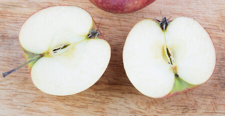 Cut apple on a cutting boardの写真素材