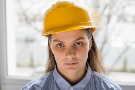 A woman in a helmet